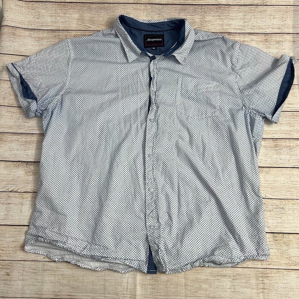 Aeropostale Men's 3XL Short Sleeve Button Down Shirt White Navy Dot Pattern